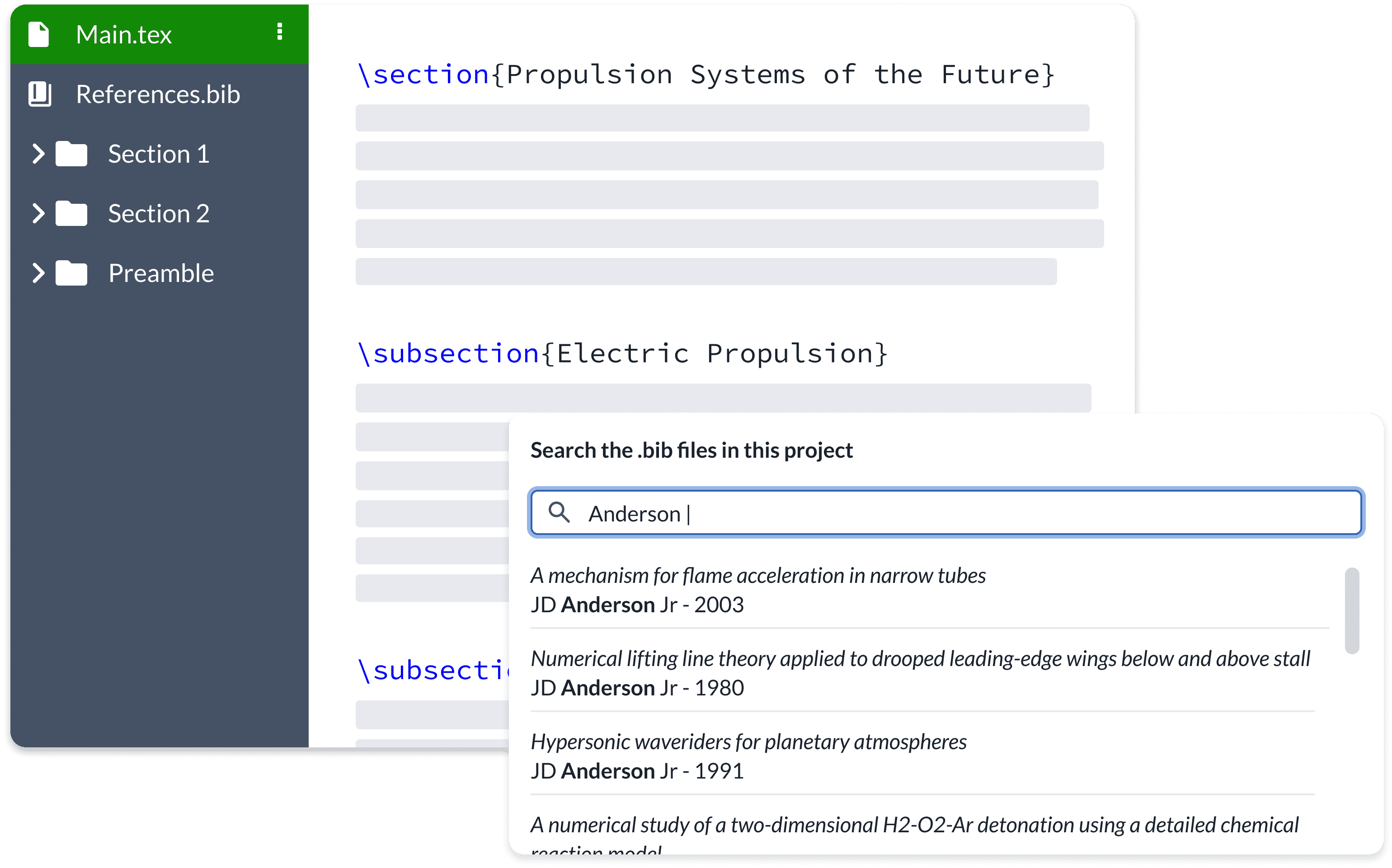 An example of Overleaf’s advanced reference search allowing users to search .bib files within a LaTeX project.