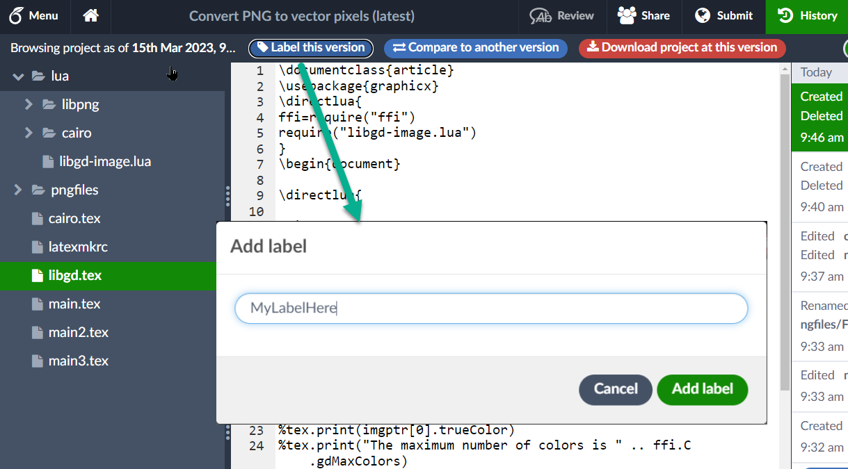 An image showing how to label a version of your Overleaf project