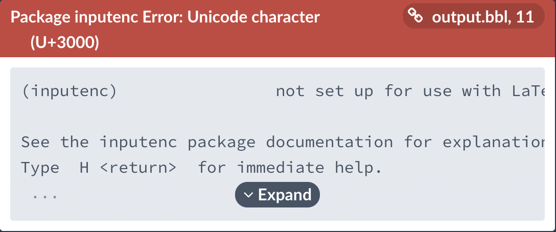 example error in an .bbl file due to unsupported, unprintable Unicode character in .bib file
