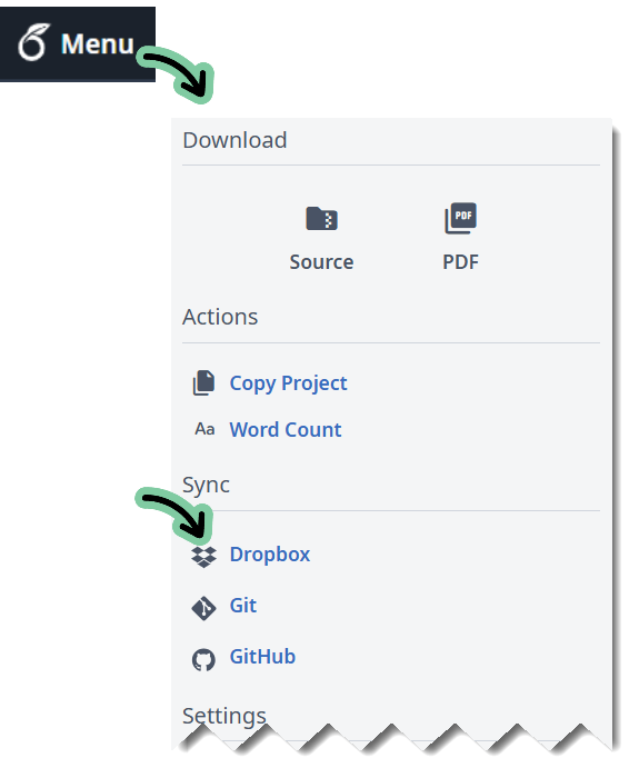 Image showing Overleaf menu option for Dropbox