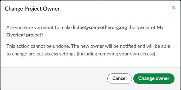 Image showing message to confirm change of ownership