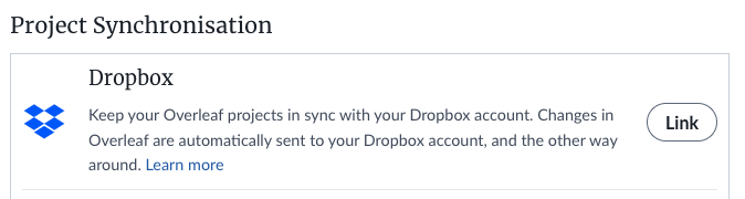 Image of Dropbox section on Account Settings page showing the Link option.