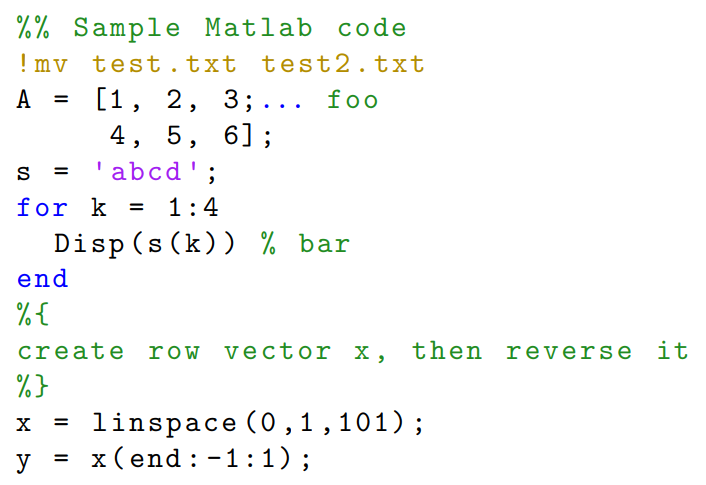 MATLAB code typeset in LaTeX on Overleaf
