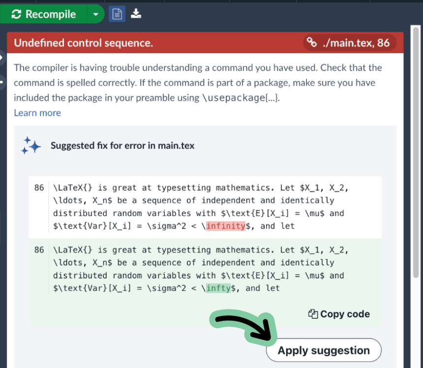 Applying a fix suggested by the Overleaf AI error assistant.