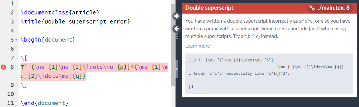 Double superscript error caused by primes in math mode