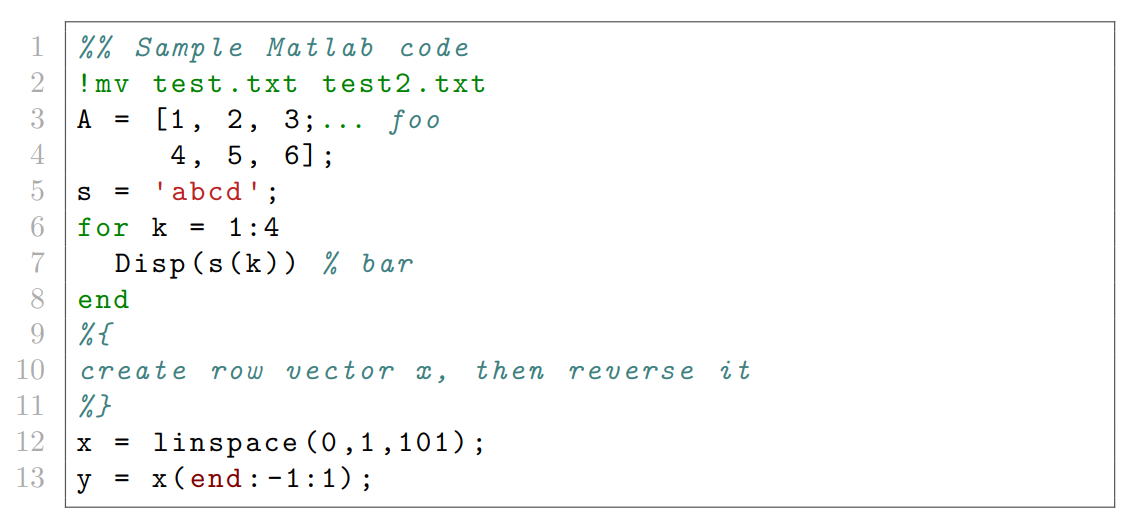 MATLAB code typeset in LaTeX on Overleaf