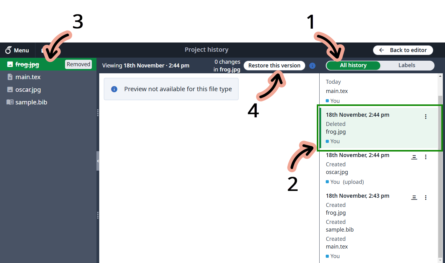 Image showing how to restore a deleted project file using the new History user interface.