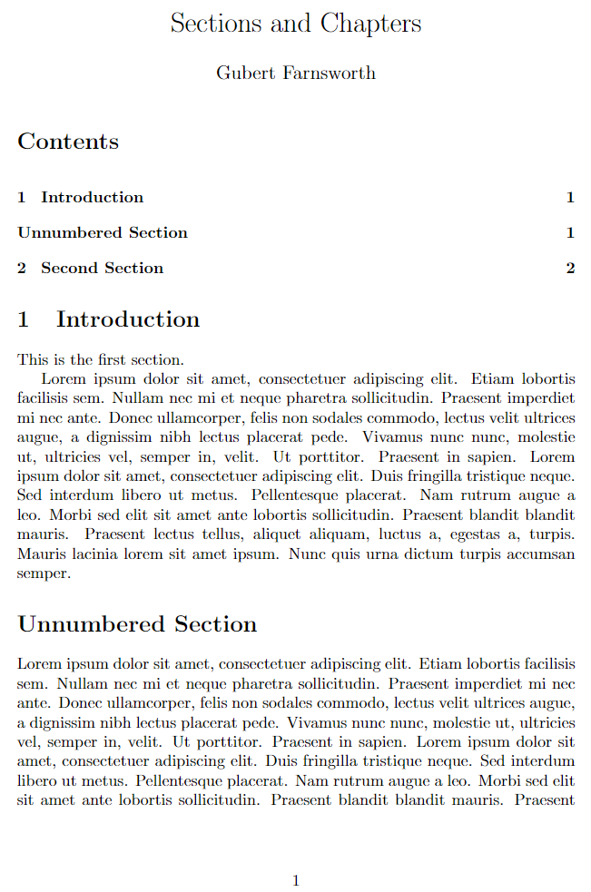 Example table of contents produced in LaTeX
