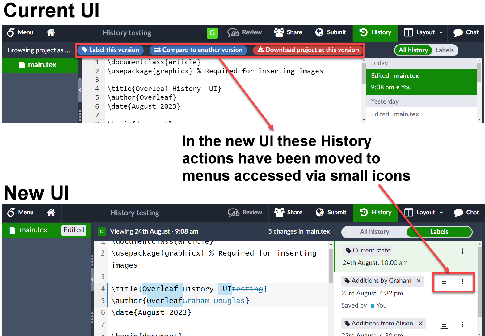 An image comparing the old and new user interfaces for the Overleaf History feature