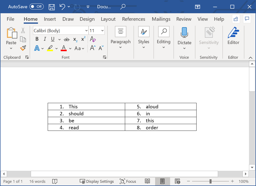 Image of a table created in Microsoft Word