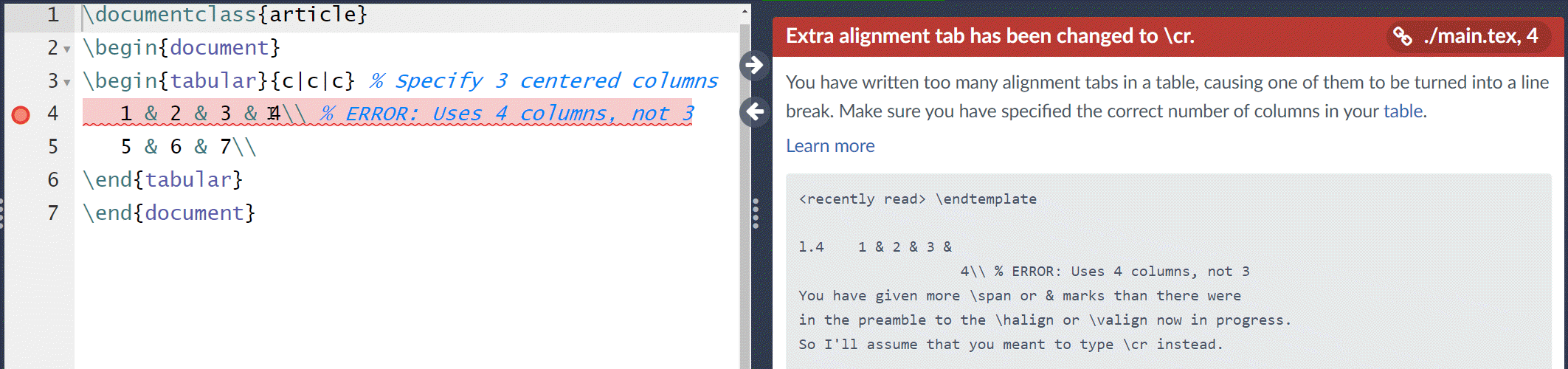 Demonstrating the LaTeX table error "Extra alignment tab has been changed to \cr"