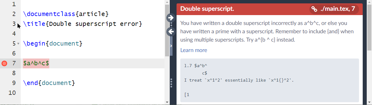 A double superscript error showing on Overleaf