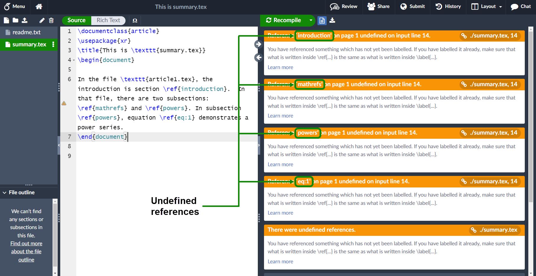 Image showing Overleaf reporting missing references