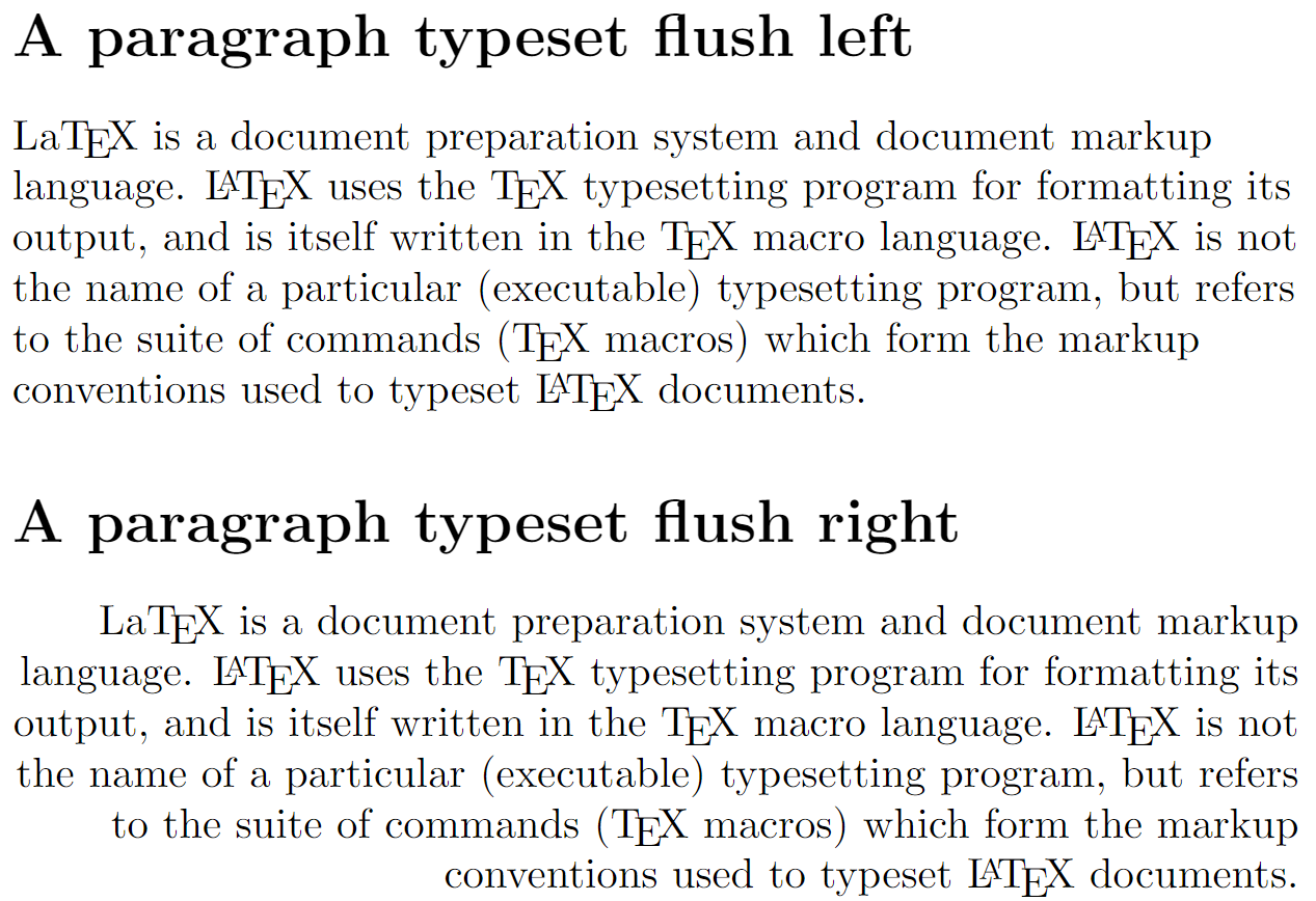 LaTeX flushleft anf flushright environments