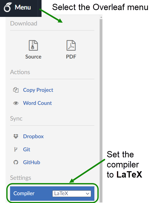 How to set the Overleaf compiler to LaTeX