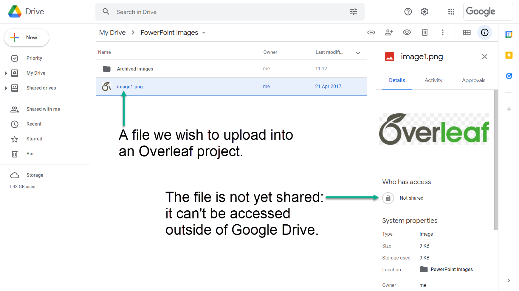 Uploading a Google Drive file to Overleaf