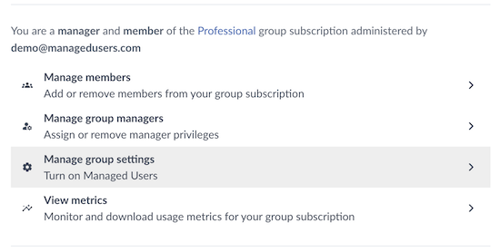 Screenshot of the group settings menu, found under Subscription
