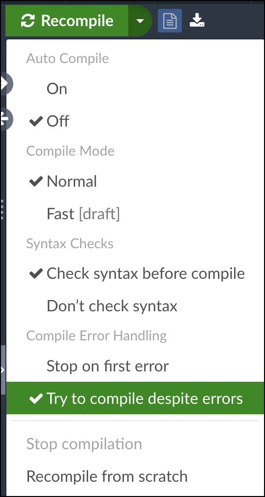 Screenshot showing how to disable the Stop on first error compilation mode