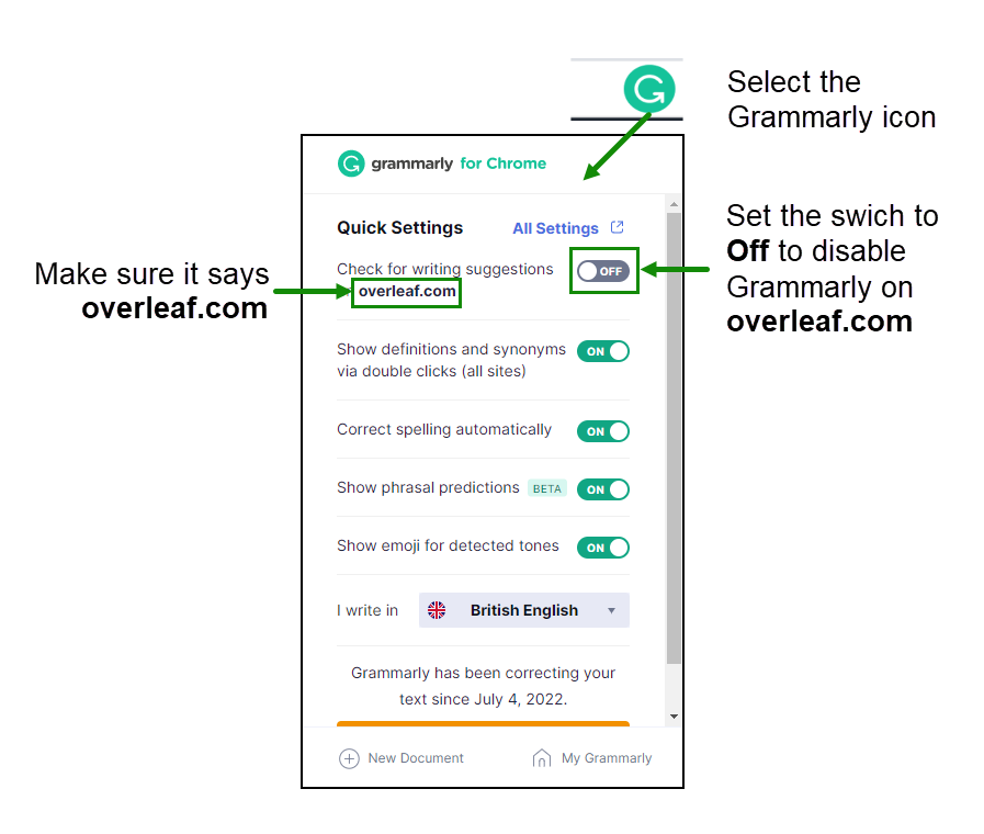 How to disable Grammarly on Overleaf