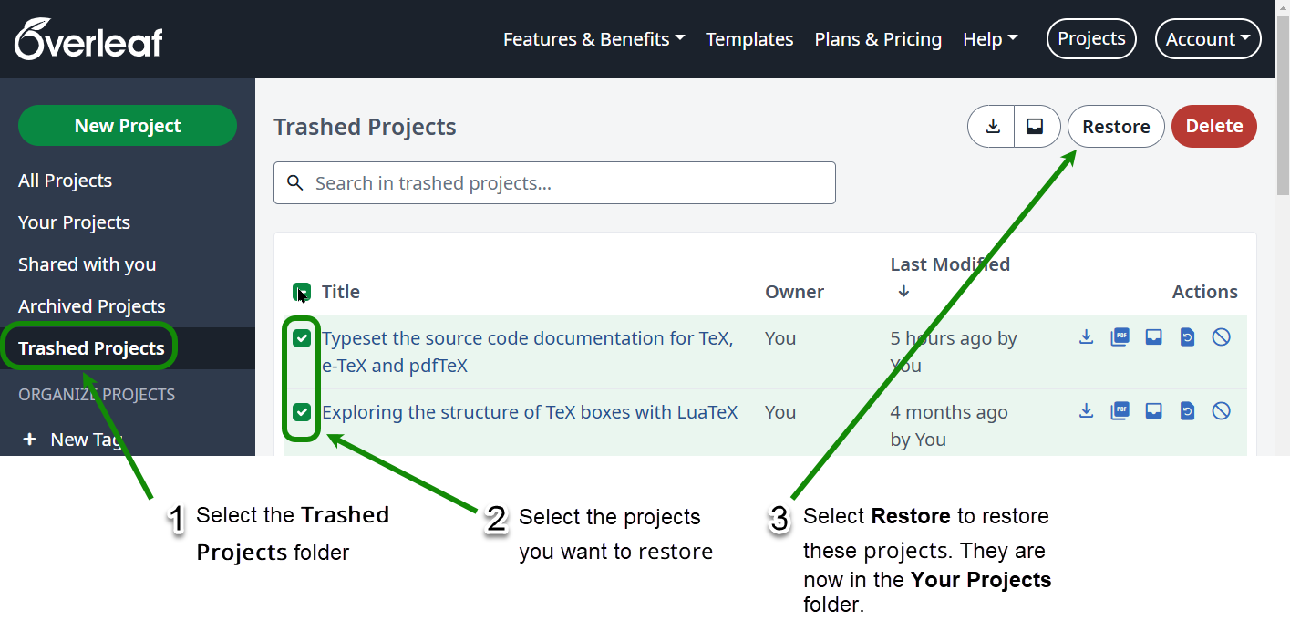 Image showing how to restore a trashed Overleaf project