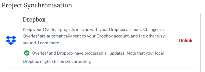 Image of Dropbox section on Account Settings page showing the Unlink option.