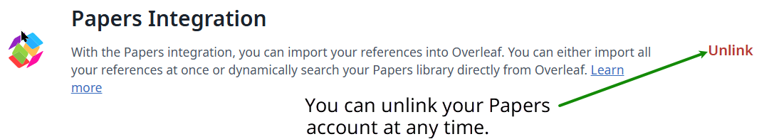 Image showing how to unlink Papers from your Overleaf account