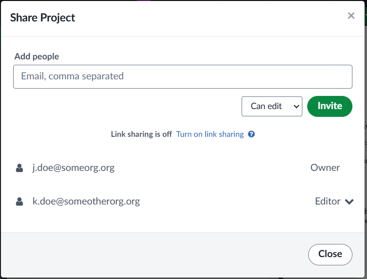 Image showing Overleaf's Share Project modal