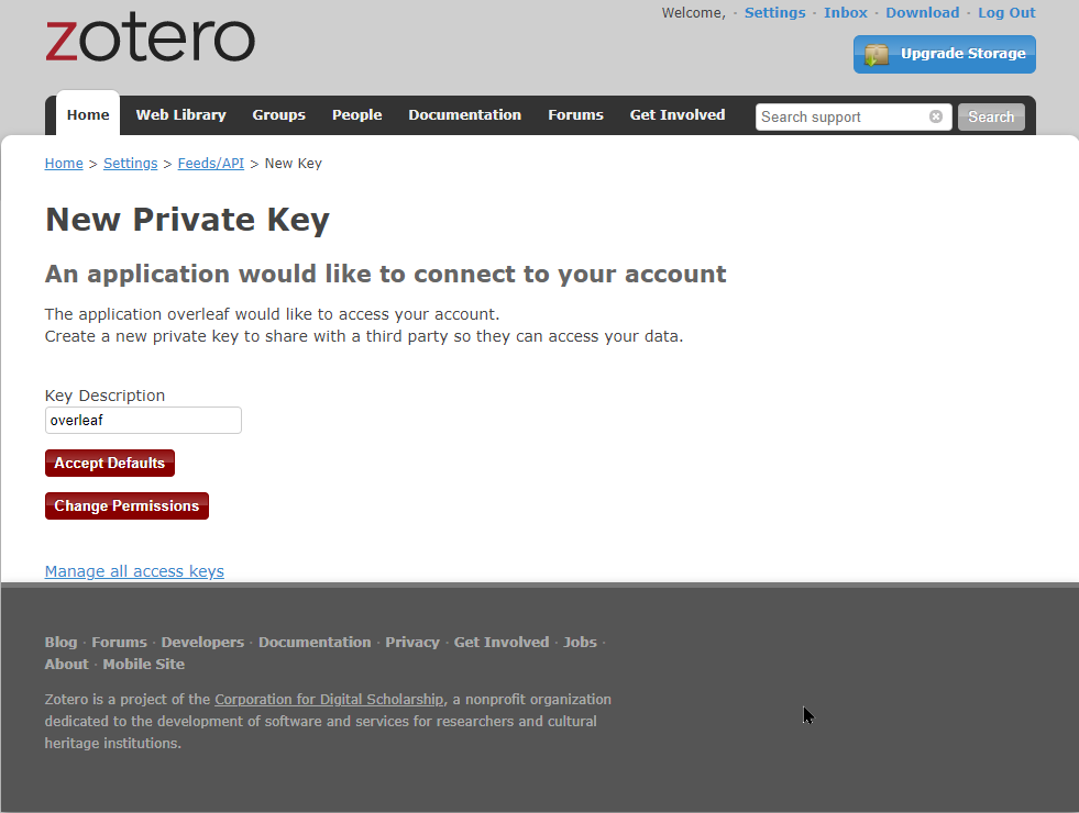 Zotero Private Key screen