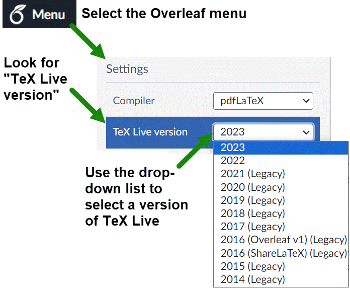 Image showing how to choose the TeX Live version on Overleaf