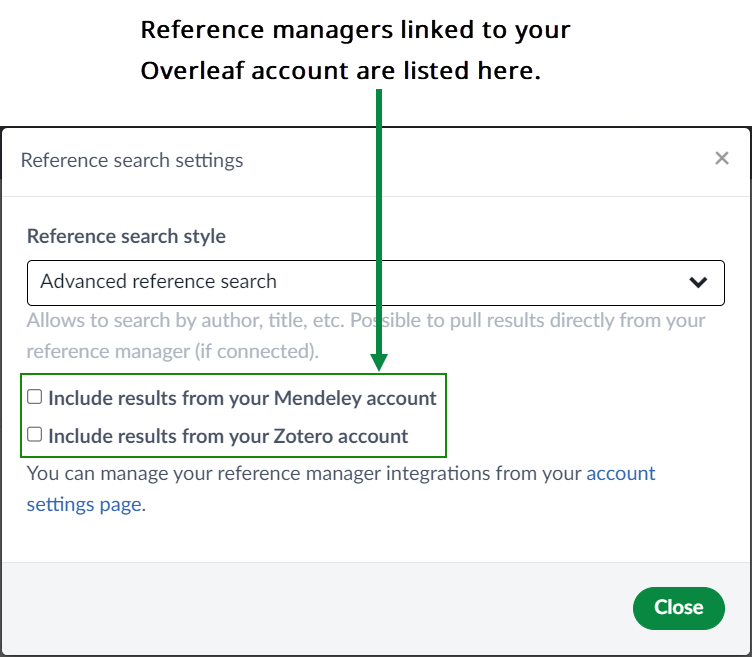 Overleaf's advanced reference search settings modal window