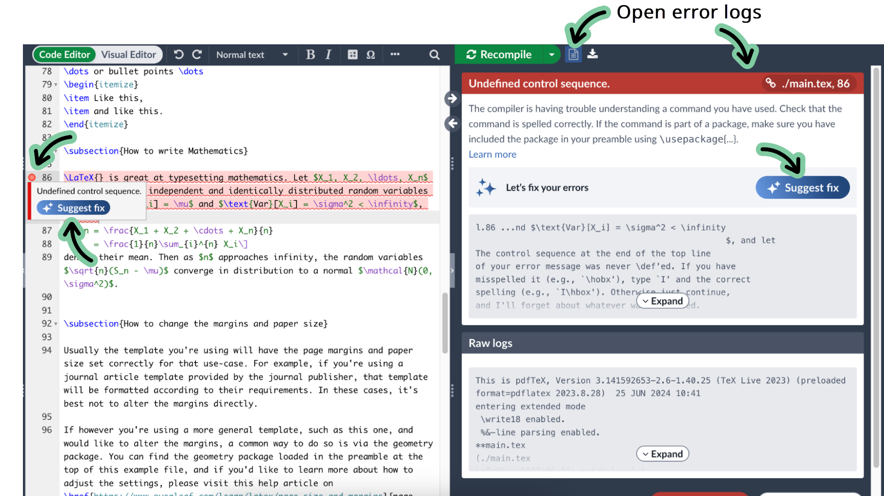 Image showing the Overleaf AI error assistant suggesting fixes for errors.