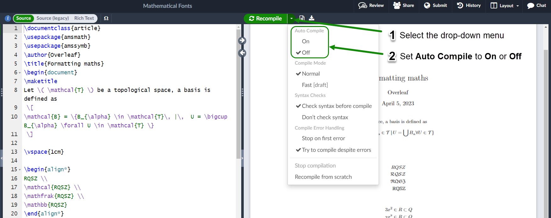 Setting the auto compile mode in Overleaf