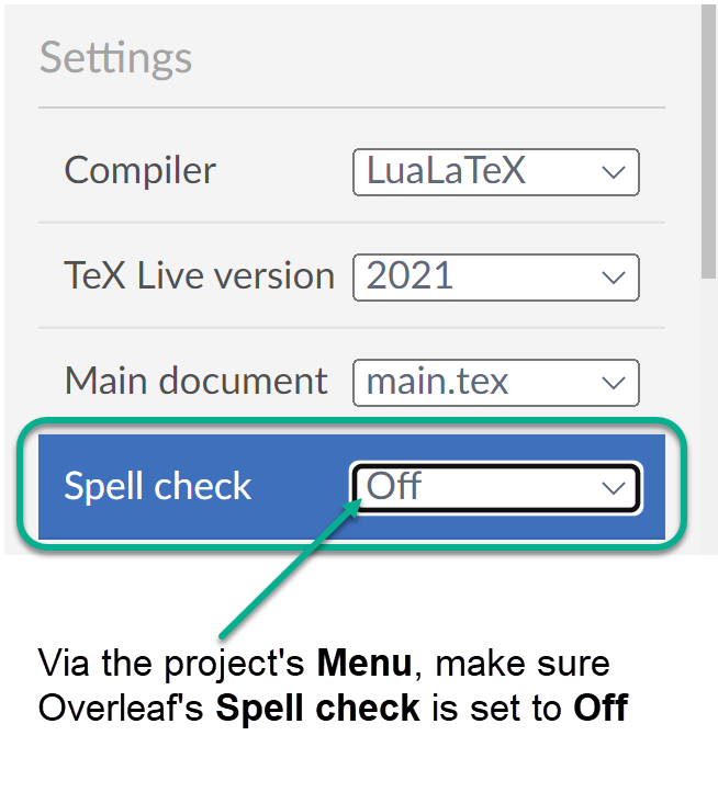Image showing how to switch off Overleaf's spell checker feature
