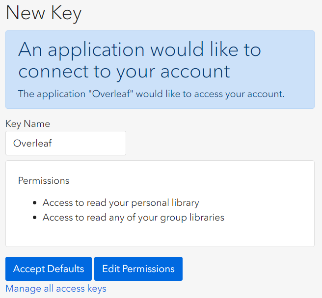 The New Key screen presented by Zotero when linking it to your Overleaf account