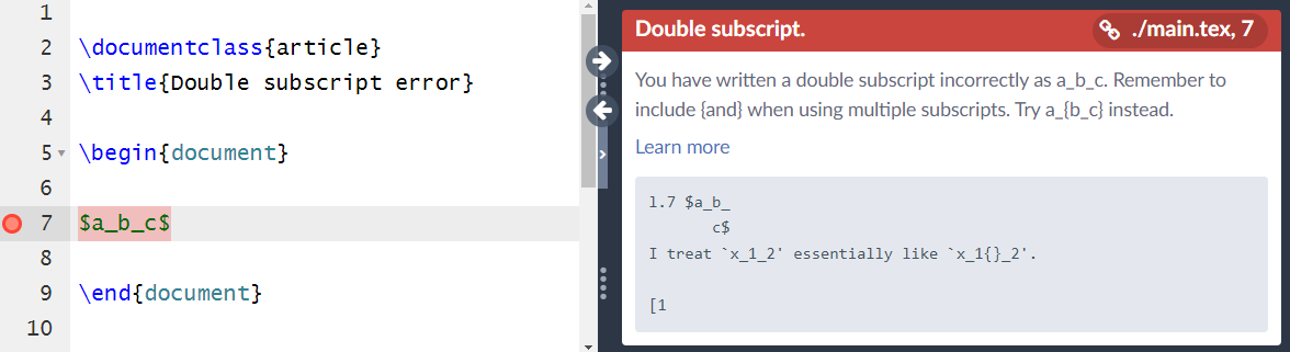A double subscript error showing on Overleaf