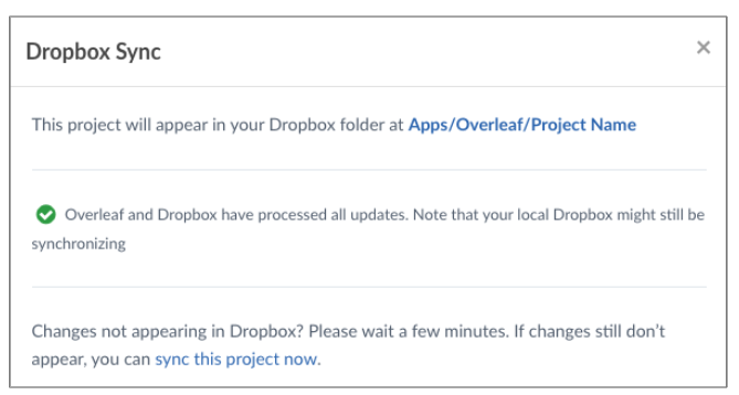 Image of Dropbox modal from project menu
