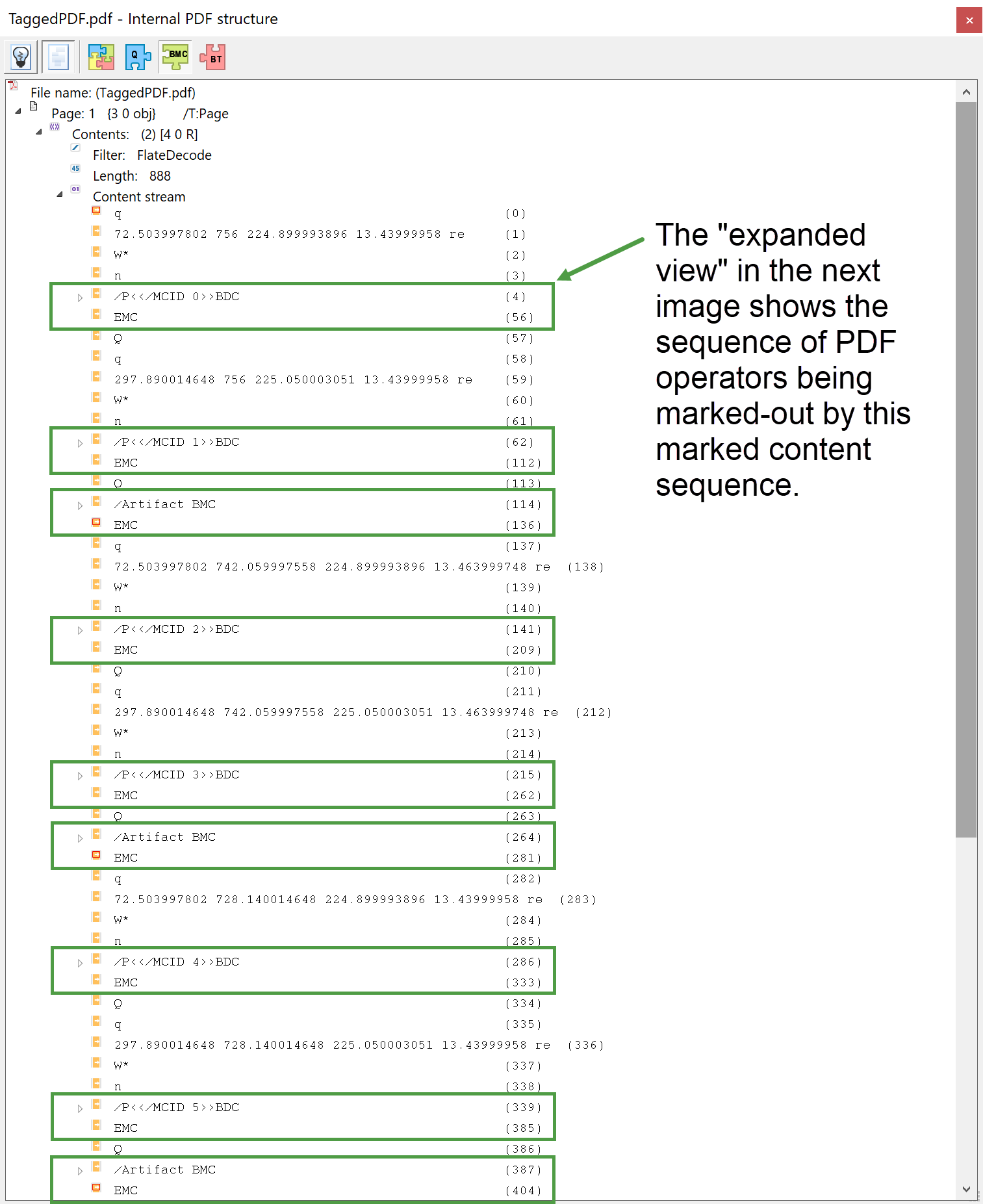 Image showing marked content sequences in a tagged PDF content stream viewed in Adobe Acrobat Pro DC